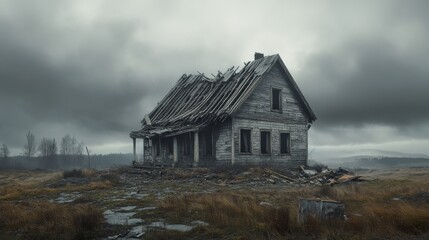 A Ruined Wooden House in a Foggy Meadow, Abandoned, Overcast ,fog, abandoned house