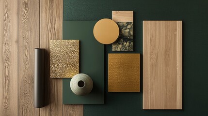 Moodboard featuring forest green, gold colors, wooden floor for room design.