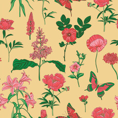vector drawing natural seamless pattern with wild flowers and butterflies, flowering garden, hand drawn illustration