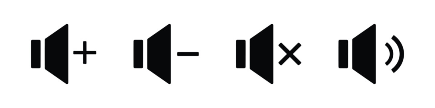 speaker icon set. sound on and mute button with volume increase and decrease symbol. icons for player, video, app, ui design element. transparent png and vector illustration.