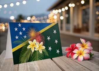 Festive Solomon Islands Independence Day Greetings Card with Colorful Bokeh Effect Background and Vibrant Tropical Elements Celebrating Freedom and Unity in the South Pacific