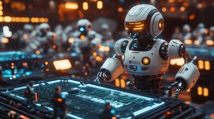 Fototapeta premium A futuristic robot working on a digital interface surrounded by other robots in a high-tech factory.