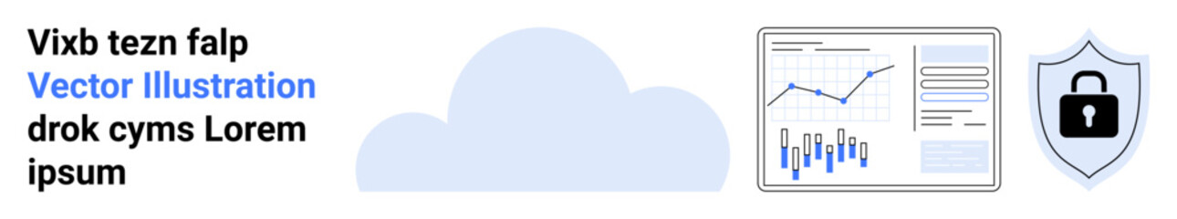 Cloud, data charts, shield with lock, text. Ideal for cloud computing, data analysis, security, privacy, online storage cybersecurity technology. Landing page