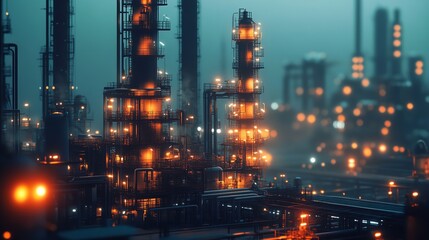 An aerial view of a large industrial complex at night, with glowing lights illuminating the various structures and machinery.