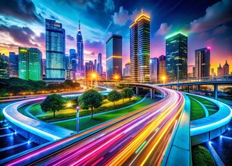 Obraz premium Futuristic Digital Landscape with Dynamic Pathways Illustrating Movement and Progress in a Vivid Panoramic View of Advanced Technology and Urban Development