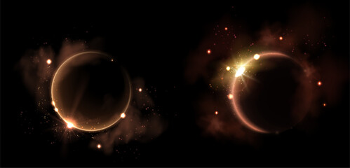 Gold solar eclipse light effect. Moon flare ring glow. Total lunar aureole for horizon galaxy background. Golden led crescent halo with bright sparkle for shiny astrology design. Abstract globe aura © klyaksun