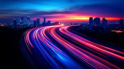 A long exposure shot of a highway with streaking lights from passing cars, silhouetted city skyline, and a vibrant sunset sky.