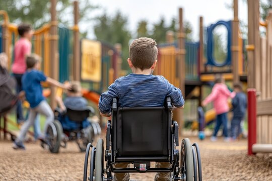 Smiling boy in wheelchair plays joyfully on colorful playground with friends and vibrant structures