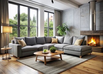 Grey Sectional Sofa with Wood-Burning Stove in a Minimalist Urban Lounge, Showcasing Warmth and Style in Modern Interior Design, Ideal for Cozy Living Spaces and Relaxation Zones