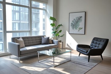 Bright and stylish modern living room featuring grey sofa, black armchair, and glass coffee table
