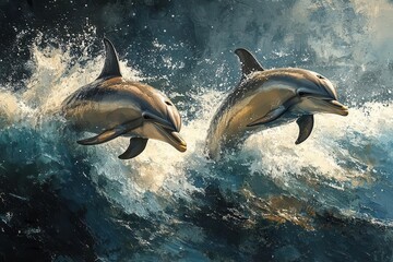 Fototapeta premium two dolphins leaping gracefully out of the ocean under a bright sun capturing the joy and playfulness of marine life against a backdrop of sparkling blue waters