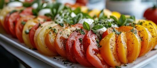 A close up of a plate of sliced tomatoes and yellow peppers, with fresh basil and a white creamy dressing.