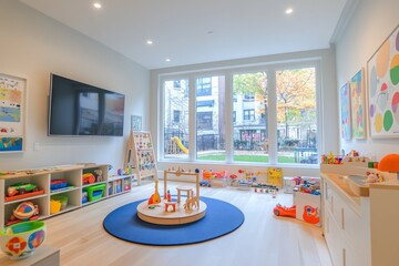Vibrant children s playroom in upscale community center with modern design and ample natural light