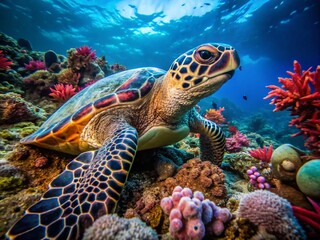 Fototapeta premium Hawksbill Sea Turtle Feeding on Coral Reef in Low Light, Captured in Vertical Video Style, Showcasing Marine Life and Underwater Ecosystem Dynamics for Nature Enthusiasts