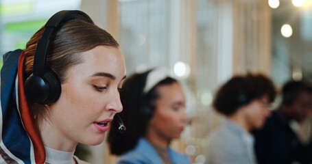 Talking, call center and agent with woman in office for customer service, consultant or contact us....