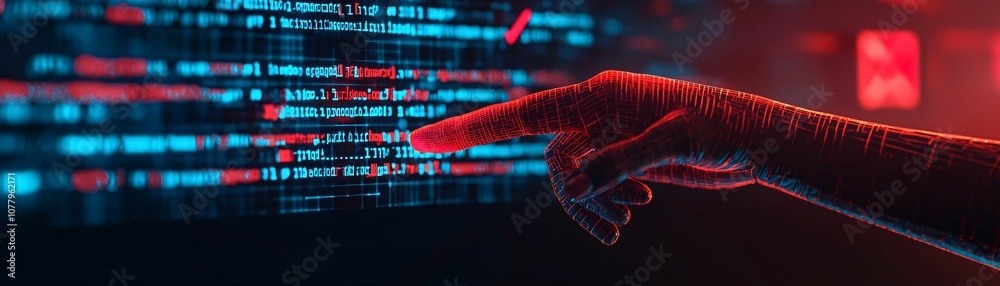 Poster a close-up of a hand pointing at digital code on a screen, highlighting the intersection of technolo