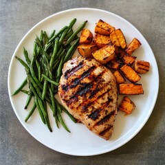 A delicious marinated grilled chicken breast with a side of roasted sweet potatoes and green beans, served on a white plate, Grilled chicken centered