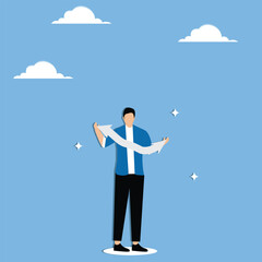 The businessman's two hands struggle to hold down the arrow of outward expansion, compressing or reducing budgetary costs