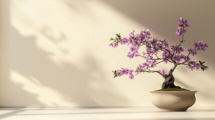 Fototapeta premium Minimalist decor setup featuring bonsai plant with soft purple flowers on beige background, exuding tranquility