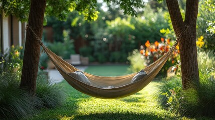 A serene hammock suspended between trees in a lush garden.