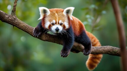 A red panda sits on a branch, looking down at the camera. It has a reddish-brown body with black legs, a white face, and a long, bushy tail. The background is a blurred green foliage.