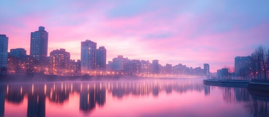 Cityscape reflected in a calm lake at sunrise with a pink and purple sky.