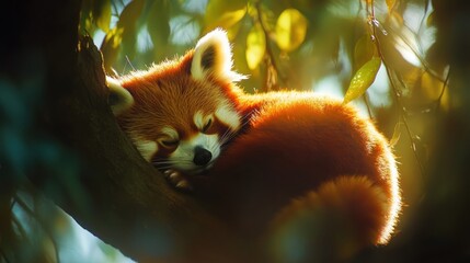 Fototapeta premium A red panda naps on a branch, basking in the warm sunlight filtering through leaves.