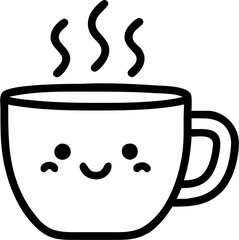 Cute smiling coffee cup with steam vector illustration in black and white, minimalistic kawaii style line art
