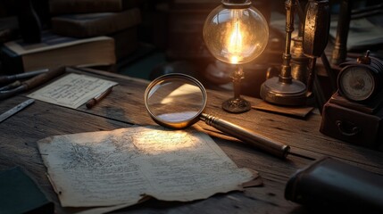 A magnifying glass lays on an old map on a wooden desk with a vintage lamp, tools, and a compass in the background.