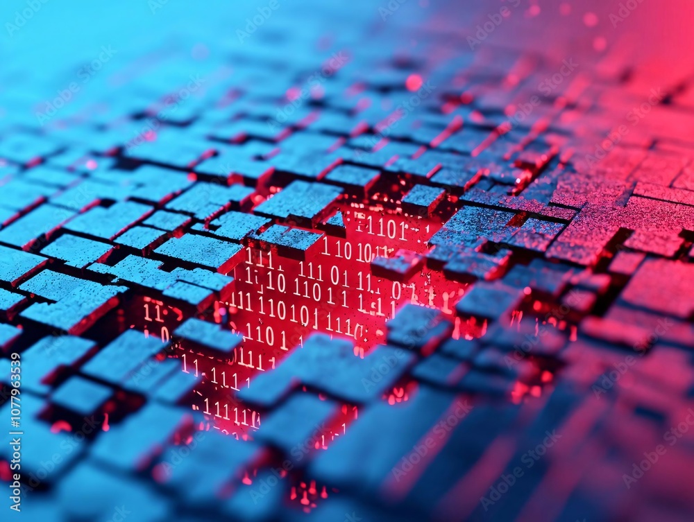 Poster abstract representation of binary data and digital blocks illuminated with red and blue lights.