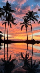 Obraz premium Tropical sunset with palm trees reflected on
