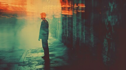 Fototapeta premium Silhouette of a Man in a Foggy City Street at Night