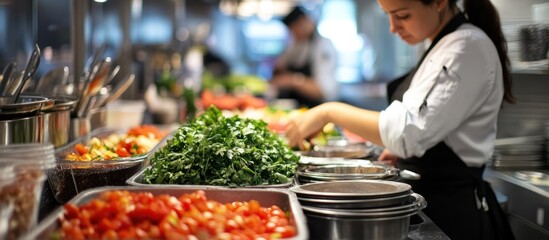 Obraz premium A chef prepares food in a commercial kitchen with a focus on the fresh vegetables in the foreground.