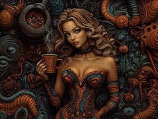 Fantasy Art of Woman Holding Coffee Cup in Steampunk Setting with Intricate Details