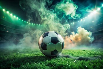 Fototapeta premium Intense Macro View of a Football on Stadium Grass Surrounded by Wisps of Smoke, Capturing the Essence of the Game in an Atmospheric Setting