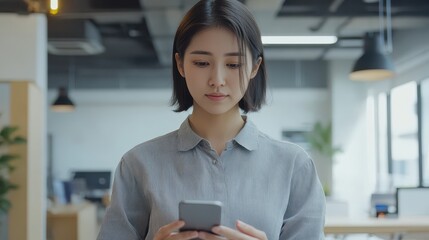 Obraz premium Calm Asian woman, short bob, grey shirt, checking phone notifications in an open office space