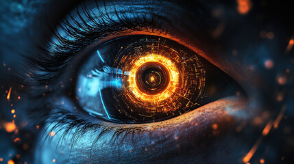 Close-up of an eye with a futuristic cyberpunk design, a glowing blue and orange iris, surrounded by digital data streams and circuitry