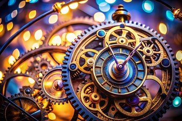 Obraz premium Intricate Clock Mechanism with Bokeh Effect: Captivating Close-Up of Gears and Springs in Motion, Highlighting the Beauty of Timekeeping Technology and Craftsmanship