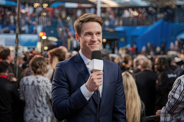 Close-up of a news reporter holding a microphone at a live event