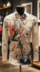 Japanese Cherry Blossom Landscape Printed Shirt - Men's Casual Fashion