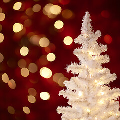 Christmas Tree with Bright White Lights in the Foreground Against a Beautiful Red and Gold Bokeh Background Creating a Warm Holiday Atmosphere