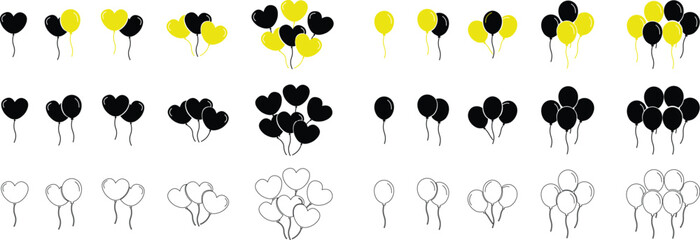 Fototapeta premium Balloons icon set isolated on transparent background. Vector flat and line in black and yellow color balloons template for anniversary birthday party event design Celebration symbol collection.