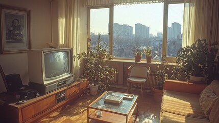 A family gathers in their comfortable Soviet living room, watching a black-and-white television. Potted plants and urban scenery create a serene atmosphere during their leisure time