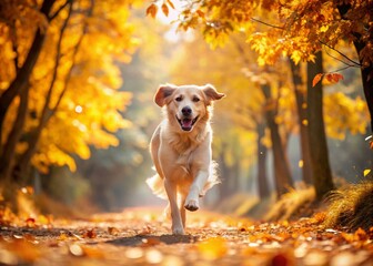 Joyful Dog Running Through a Colorful Autumn Path, Capturing the Spirit of Playfulness and Freedom Amidst Vibrant Leaves and Nature's Beauty