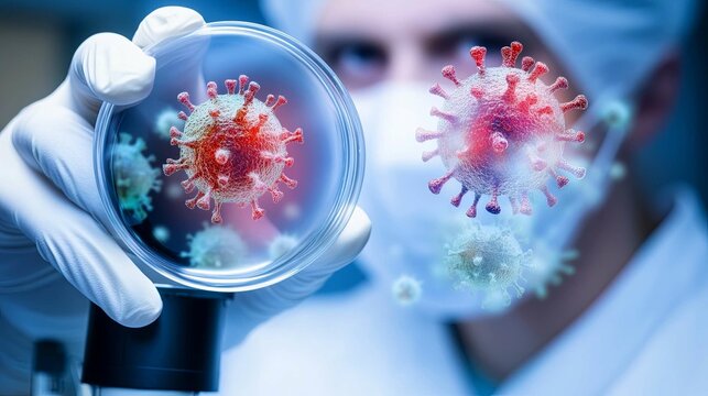 Medical professional in protective gear examines avian flu virus cells under microscope, focusing on virus study and scientific research.