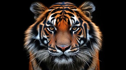 Obraz premium Close-up portrait of a majestic tiger staring directly at the camera with intense eyes. Its black stripes stand out against its orange fur, set against a dark background.