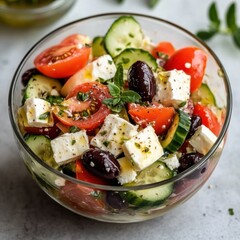 A fresh and crisp Greek salad with olives, cucumbers, tomatoes