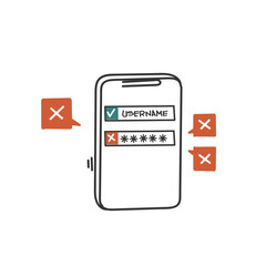 right user name and wrong password verification login on mobile phone doodle cartoon drawn style