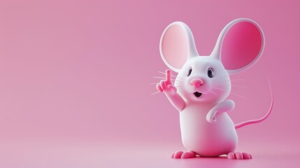 Obraz premium Cute cartoon mouse in a 3D art style, pointing with its hand, set against a plain pink background with copy space for text