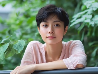 Relaxed Asian woman, short haircut, pink blouse, leaning on desk, natural light flooding workspace